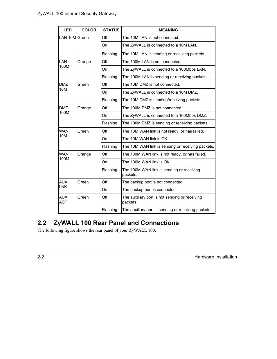 Zywall 100 rear panel and connections, 2 zywall 100 rear panel and connections | ZyXEL Communications Internet Security Gateway ZyWALL 100 User Manual | Page 39 / 356