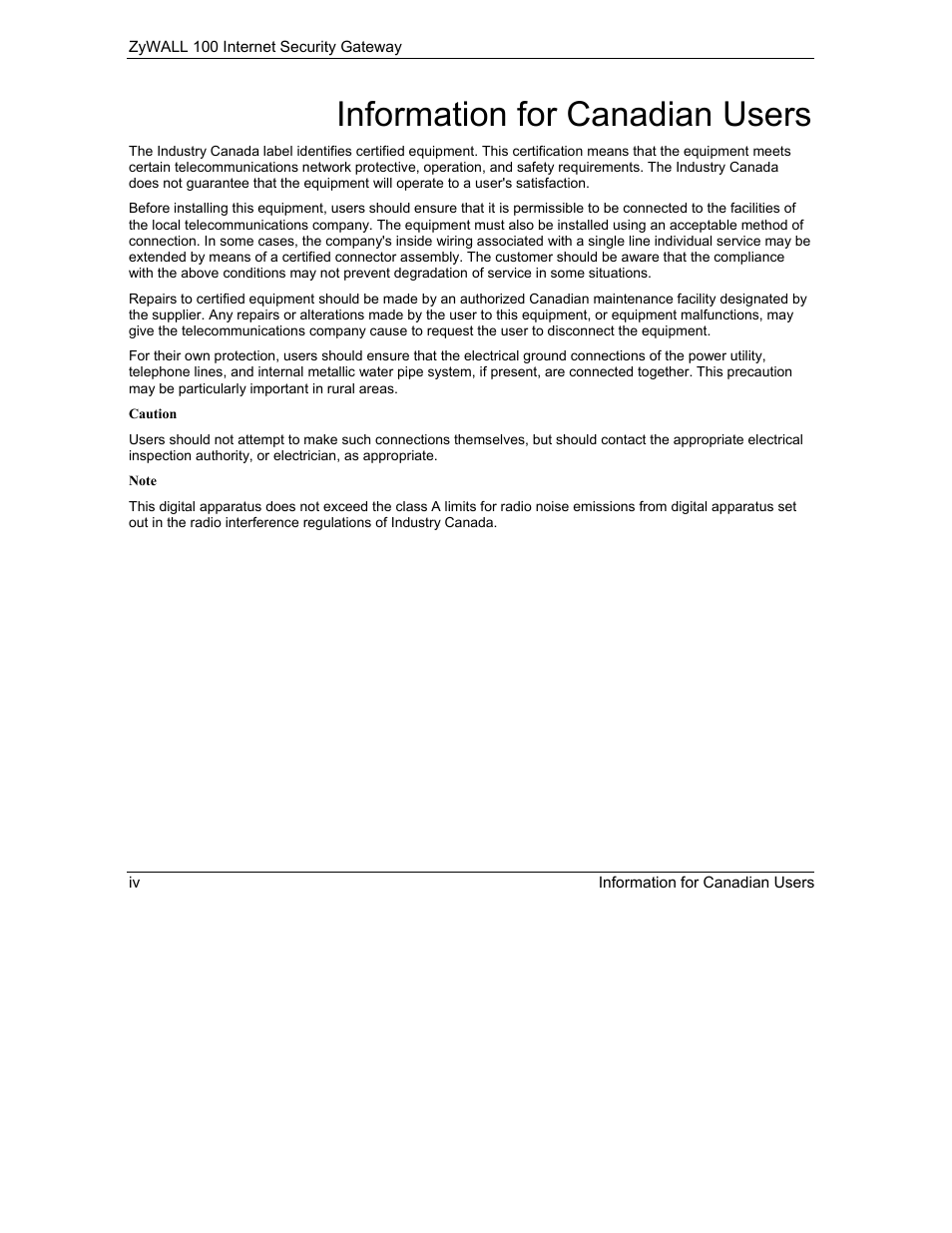 Information for canadian users | ZyXEL Communications Internet Security Gateway ZyWALL 100 User Manual | Page 4 / 356