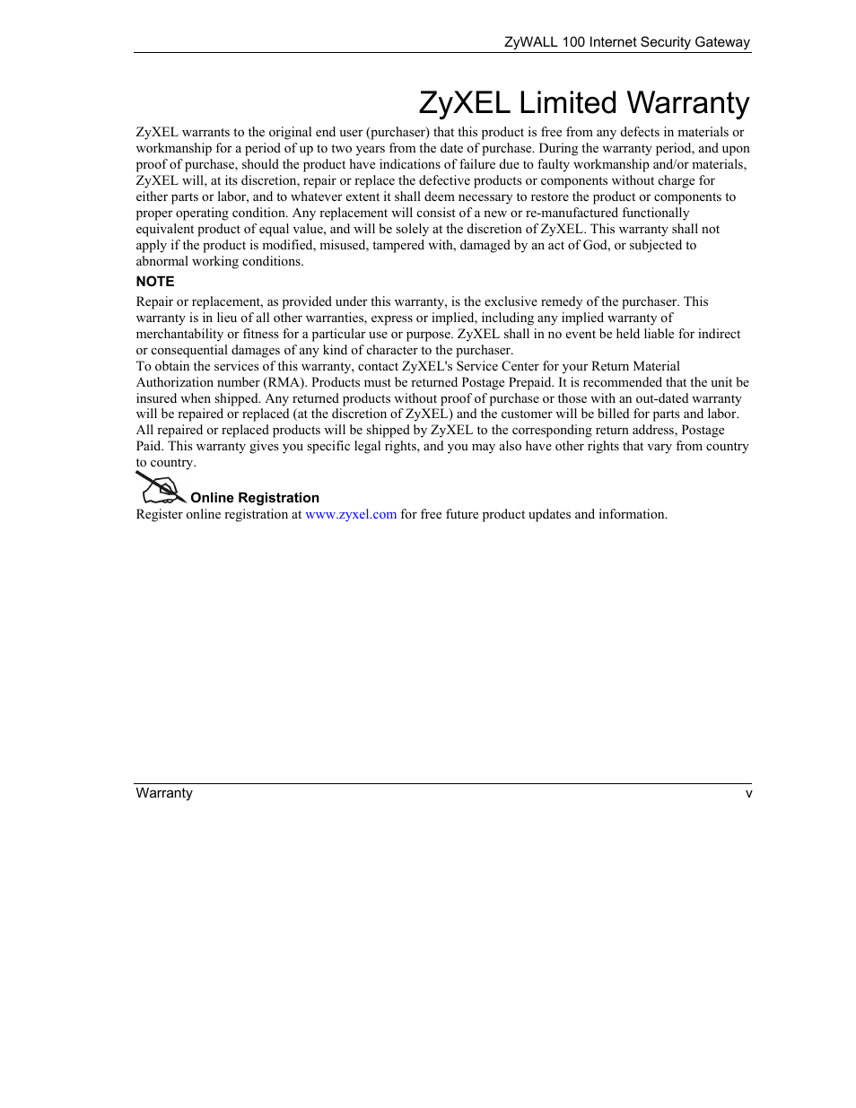 Zyxel limited warranty | ZyXEL Communications Internet Security Gateway ZyWALL 100 User Manual | Page 5 / 356