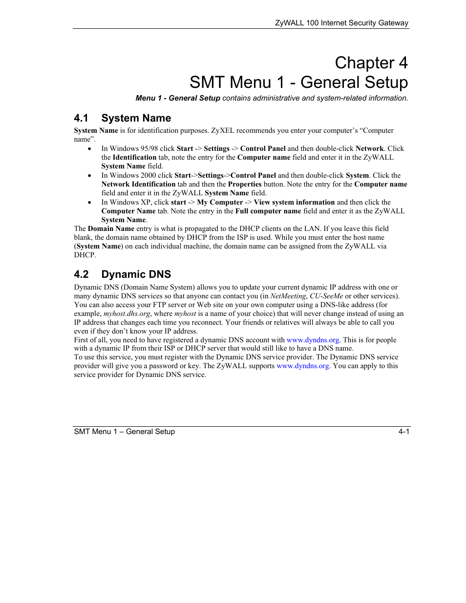 Smt menu 1 - general setup, System name, Dynamic dns | Chapter 4 smt menu 1 - general setup, 1 system name, 2 dynamic dns | ZyXEL Communications Internet Security Gateway ZyWALL 100 User Manual | Page 50 / 356