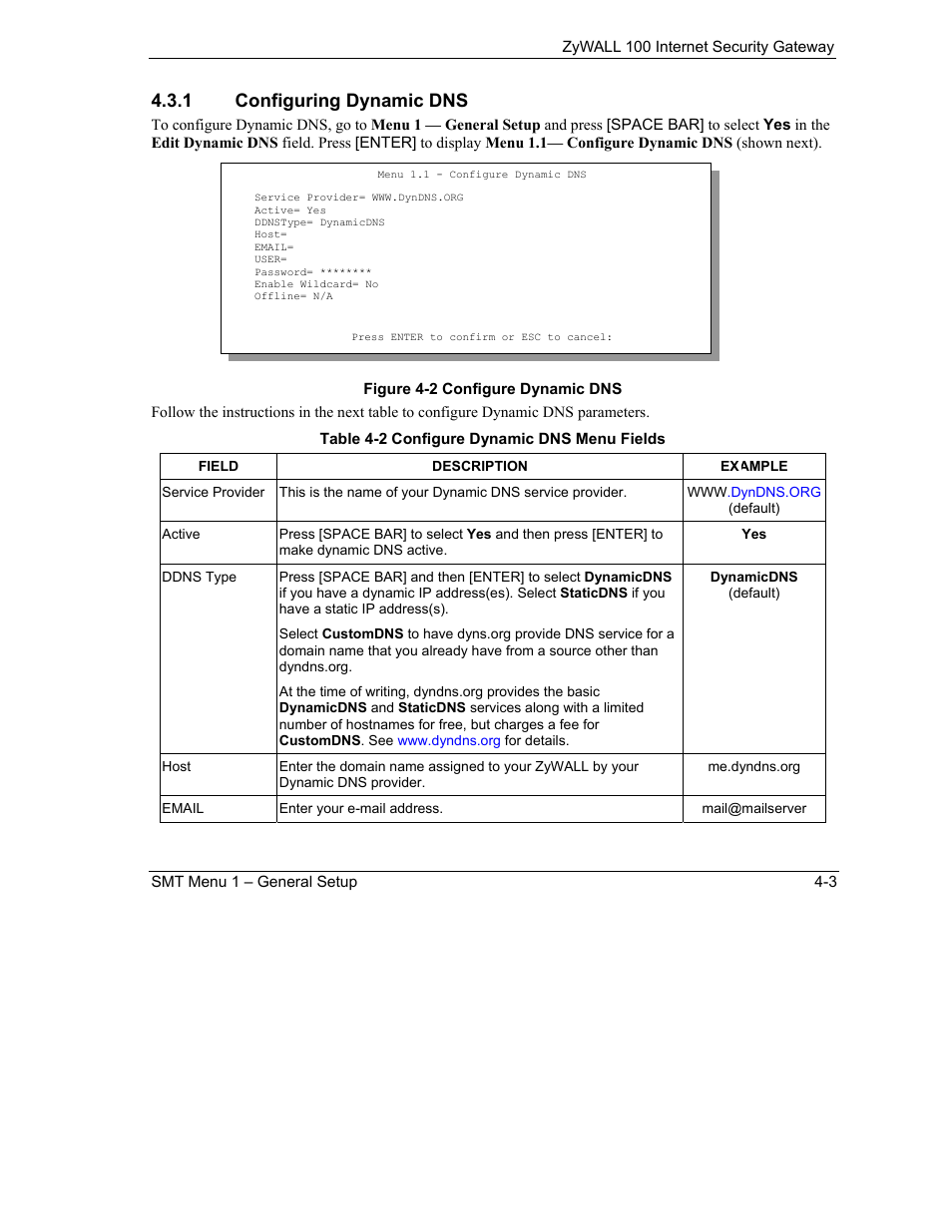 1 configuring dynamic dns | ZyXEL Communications Internet Security Gateway ZyWALL 100 User Manual | Page 52 / 356