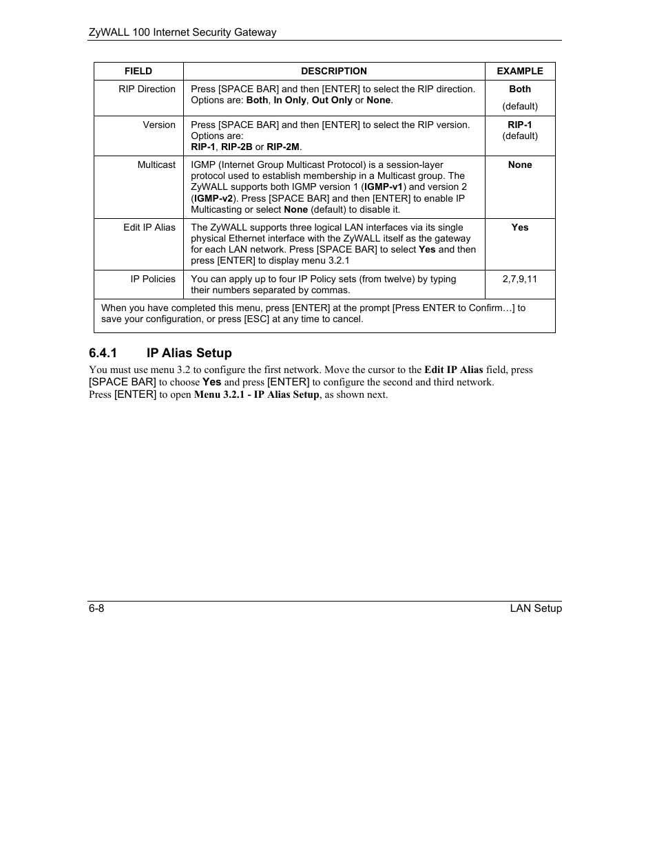 1 ip alias setup | ZyXEL Communications Internet Security Gateway ZyWALL 100 User Manual | Page 67 / 356
