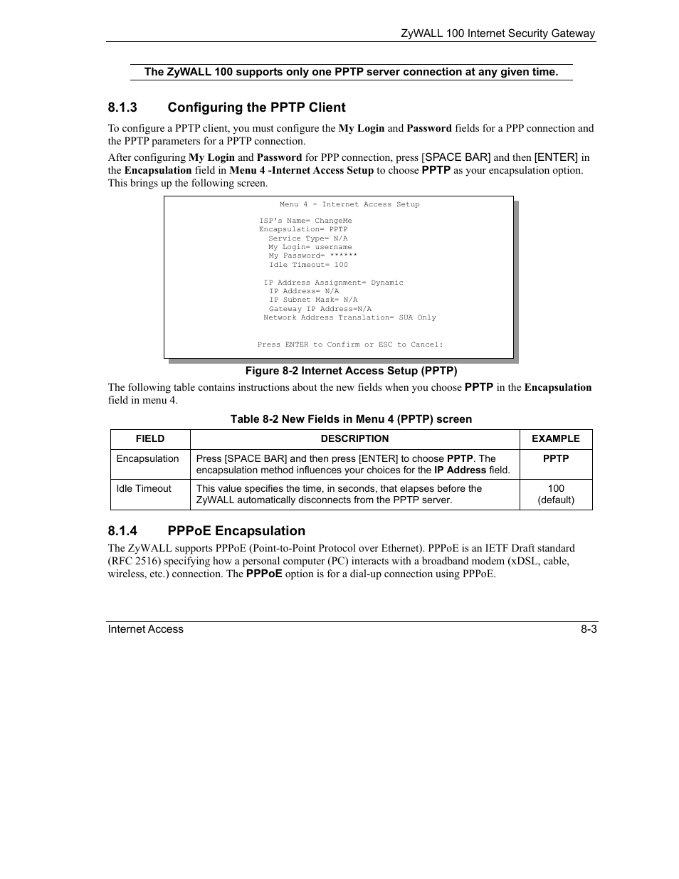 3 configuring the pptp client, 4 pppoe encapsulation | ZyXEL Communications Internet Security Gateway ZyWALL 100 User Manual | Page 80 / 356