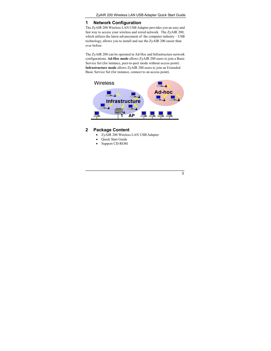 Network configuration, Package content, Wireless ad-hoc infrastructure | ZyXEL Communications Wireless LAN USB Adapter ZyAIR 200 User Manual | Page 3 / 9