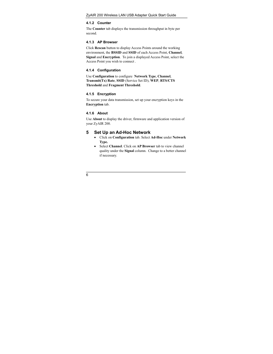 Counter, Ap browser, Configuration | Encryption, About, Set up an ad-hoc network | ZyXEL Communications Wireless LAN USB Adapter ZyAIR 200 User Manual | Page 6 / 9