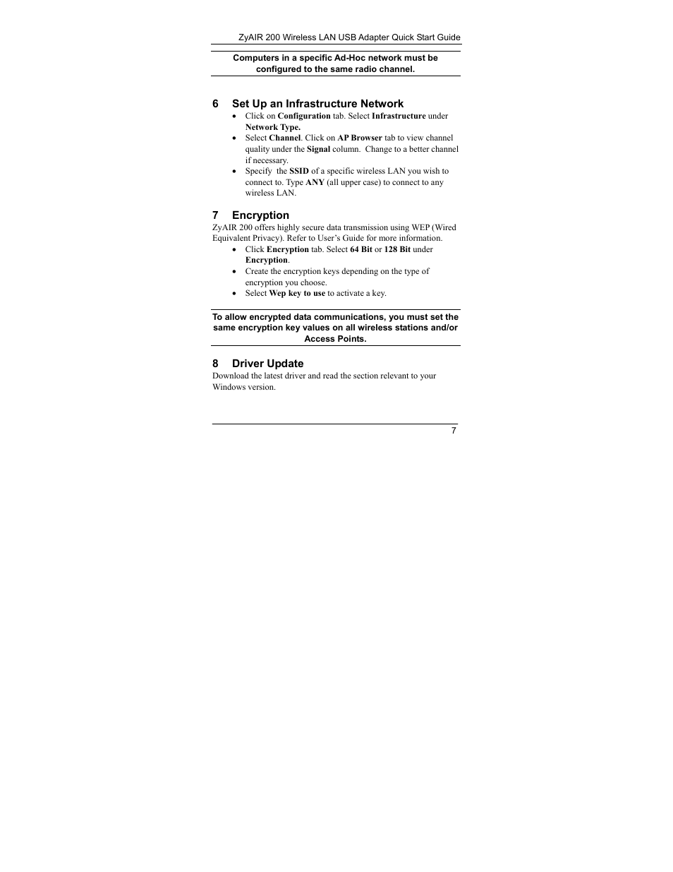 Set up an infrastructure network, Encryption, Driver update | ZyXEL Communications Wireless LAN USB Adapter ZyAIR 200 User Manual | Page 7 / 9