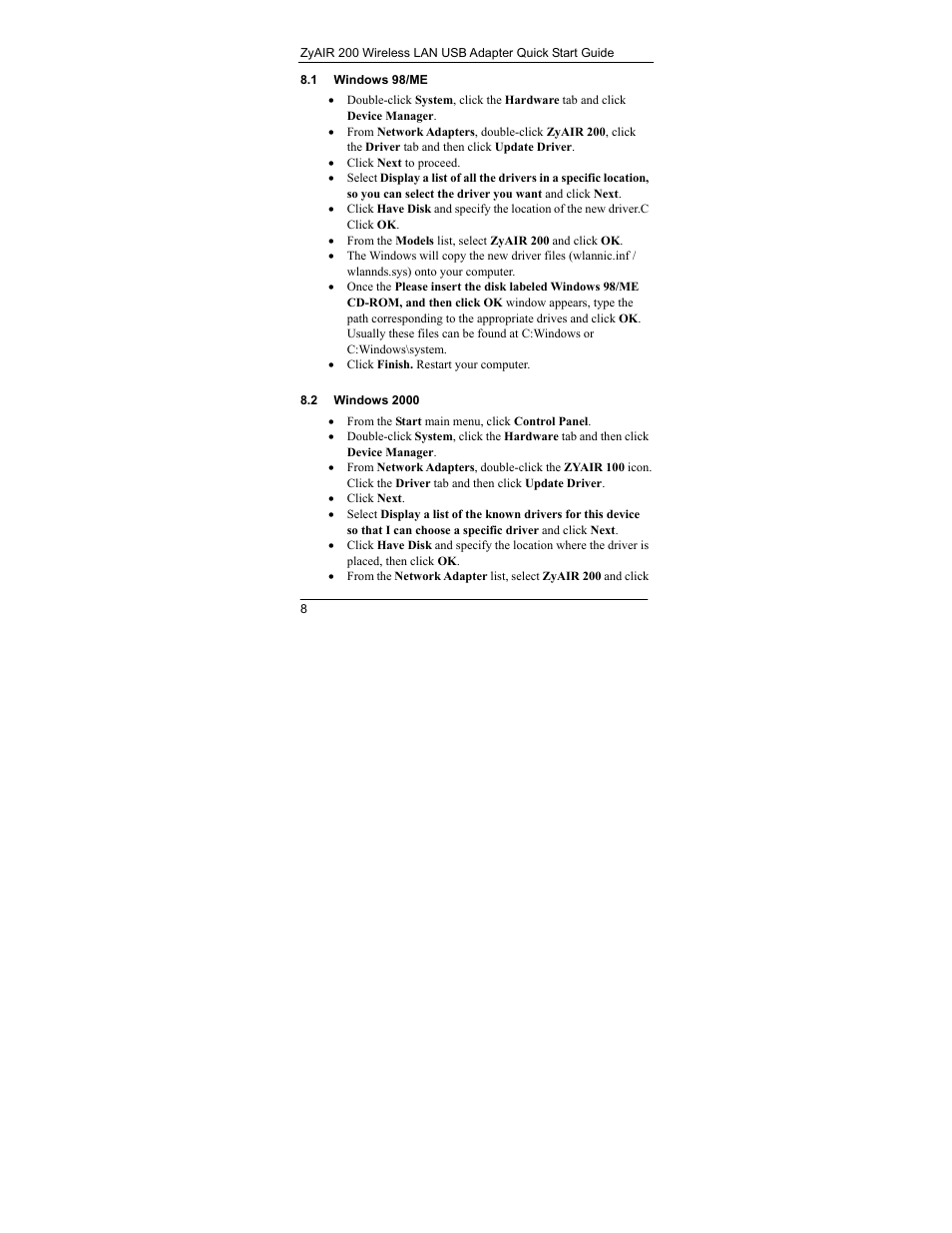 Windows 98/me, Windows 2000 | ZyXEL Communications Wireless LAN USB Adapter ZyAIR 200 User Manual | Page 8 / 9