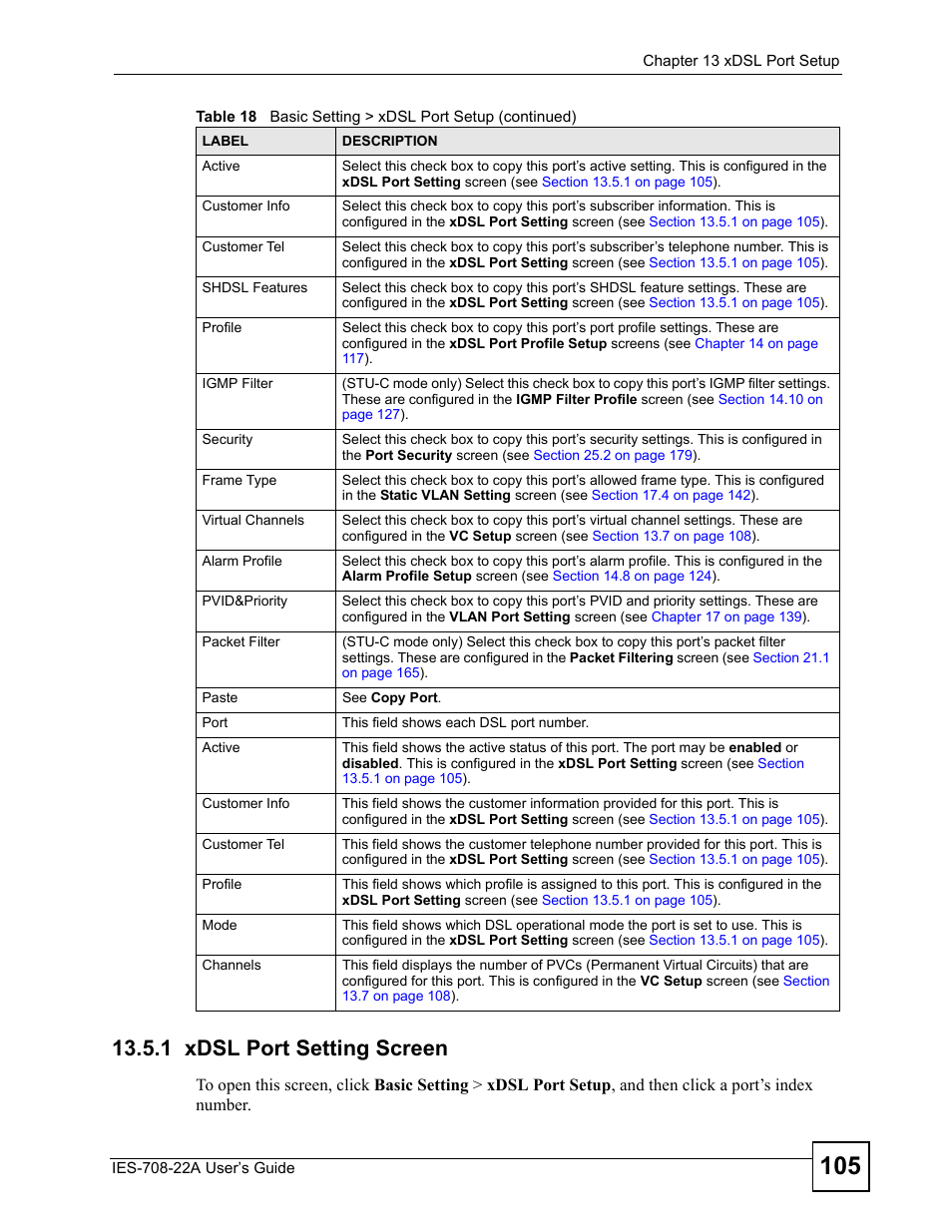 1 xdsl port setting screen | ZyXEL Communications IES-708-22A User Manual | Page 105 / 448