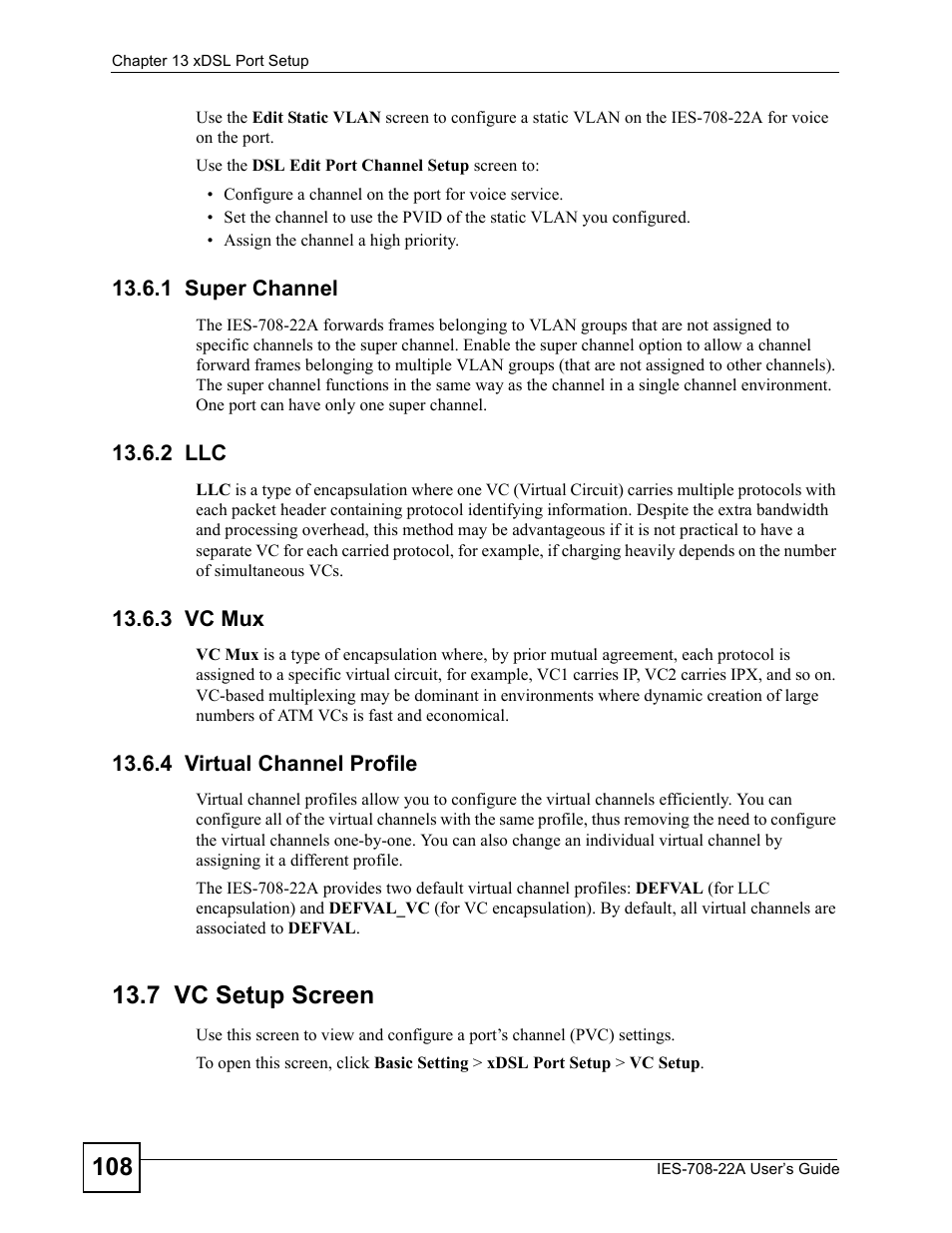 1 super channel, 2 llc, 3 vc mux | 4 virtual channel profile, 7 vc setup screen, Section | ZyXEL Communications IES-708-22A User Manual | Page 108 / 448