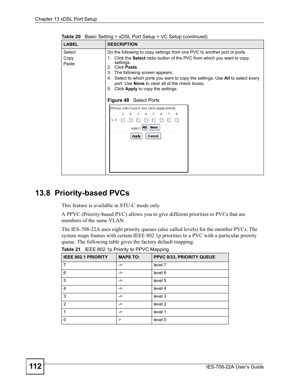 8 priority-based pvcs, Figure 48 select ports, Table 21 ieee 802.1p priority to ppvc mapping | ZyXEL Communications IES-708-22A User Manual | Page 112 / 448