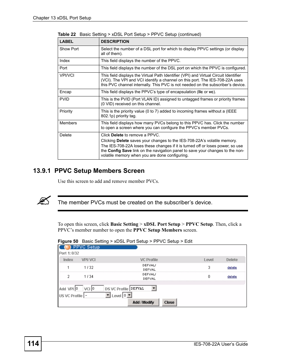 1 ppvc setup members screen | ZyXEL Communications IES-708-22A User Manual | Page 114 / 448