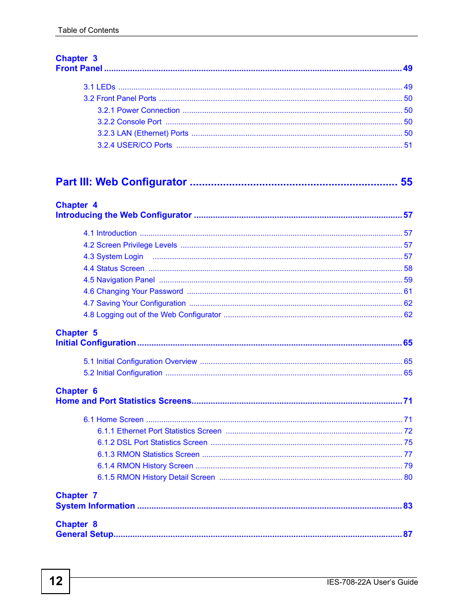 Part iii: web configurator | ZyXEL Communications IES-708-22A User Manual | Page 12 / 448