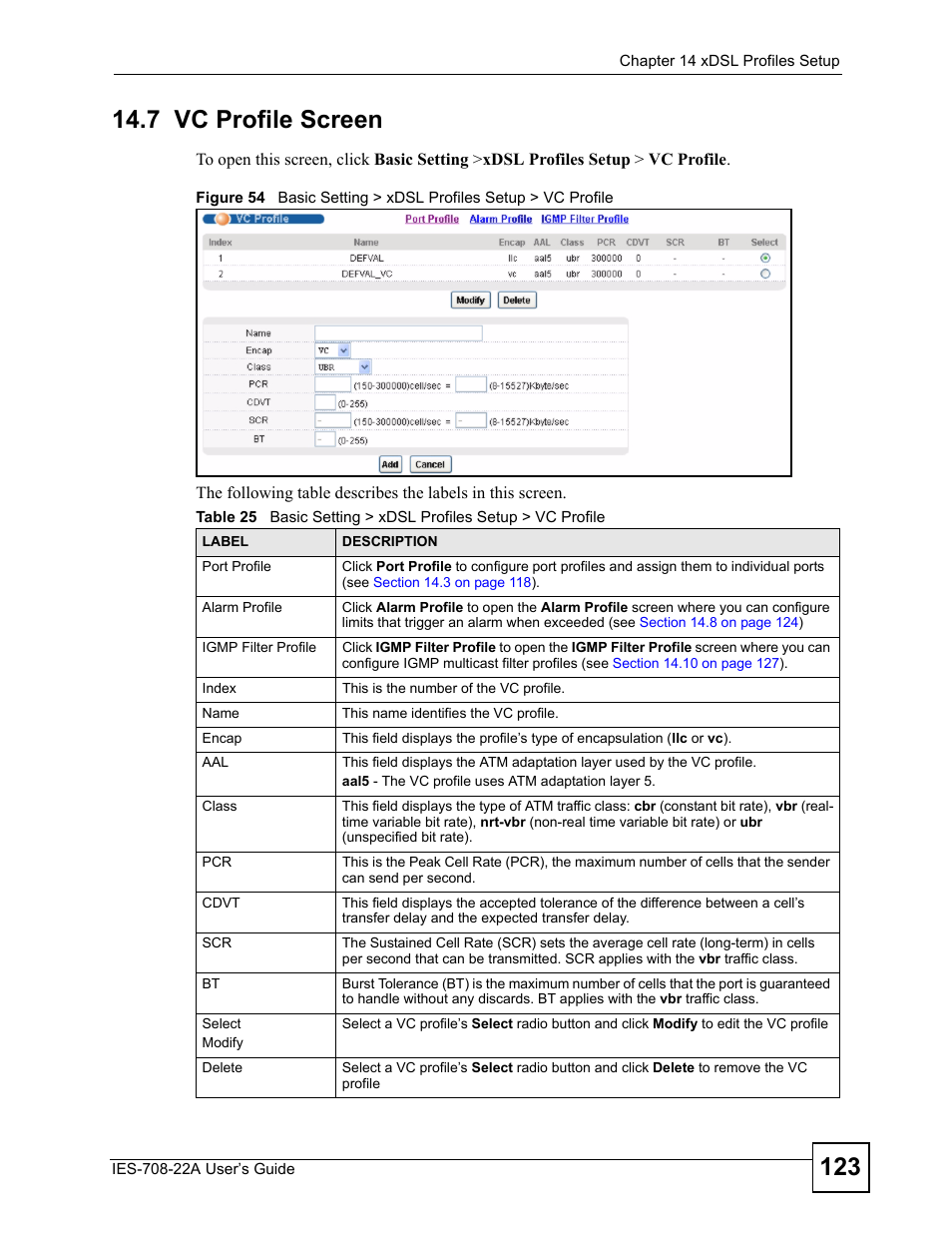 7 vc profile screen | ZyXEL Communications IES-708-22A User Manual | Page 123 / 448