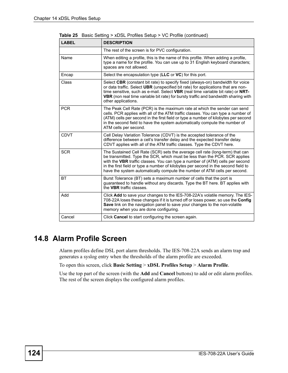 8 alarm profile screen | ZyXEL Communications IES-708-22A User Manual | Page 124 / 448