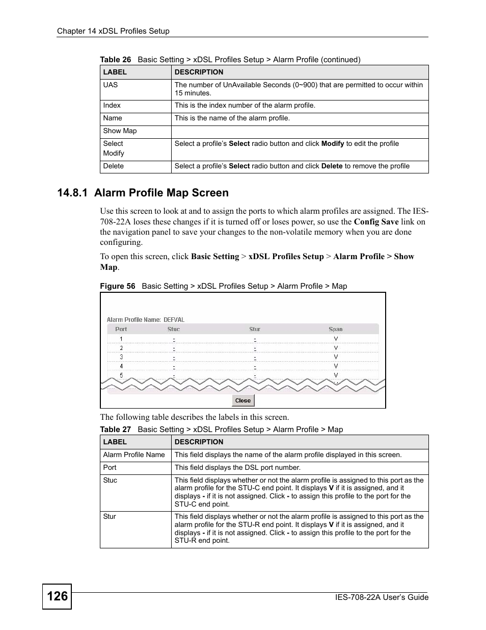 1 alarm profile map screen | ZyXEL Communications IES-708-22A User Manual | Page 126 / 448