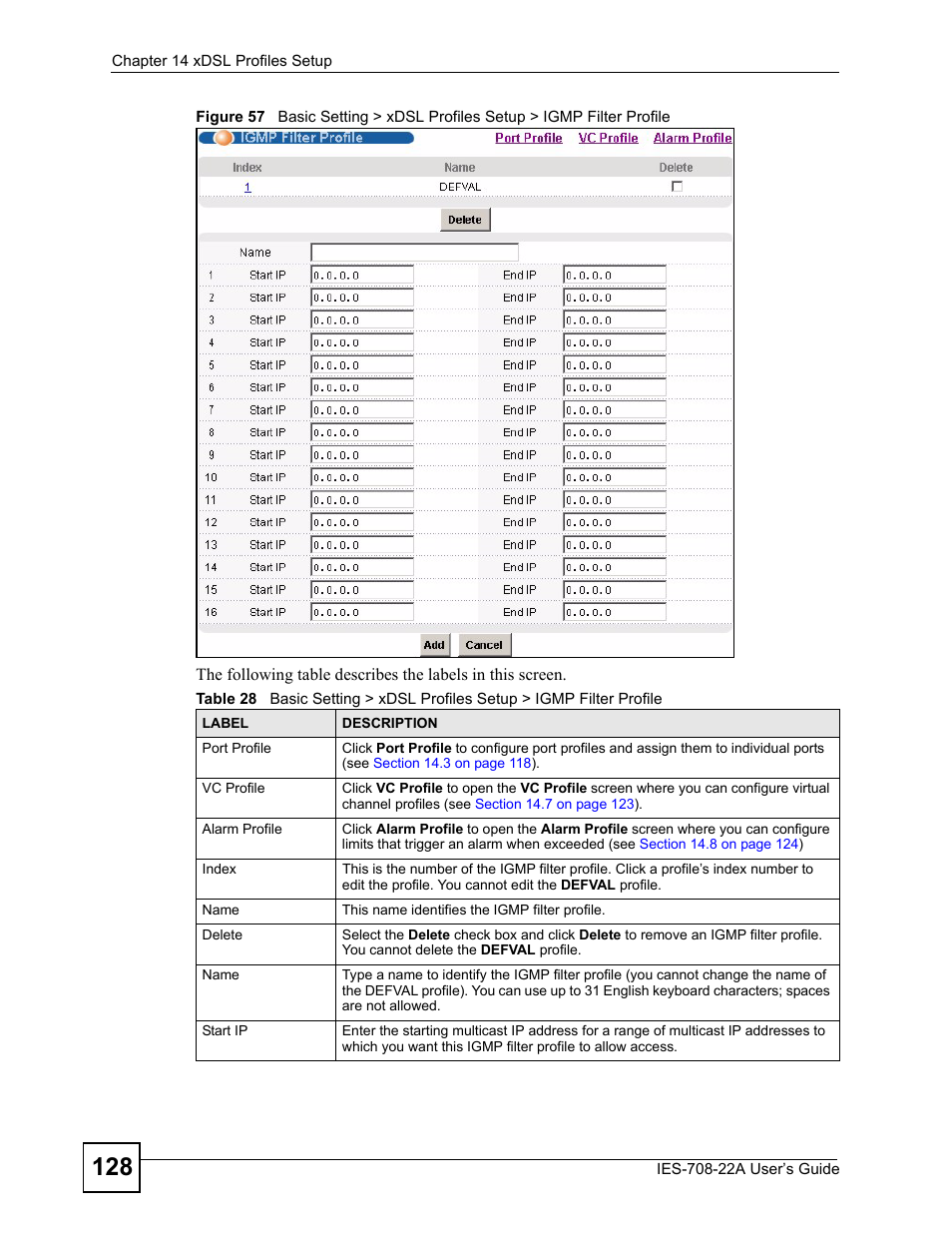 ZyXEL Communications IES-708-22A User Manual | Page 128 / 448