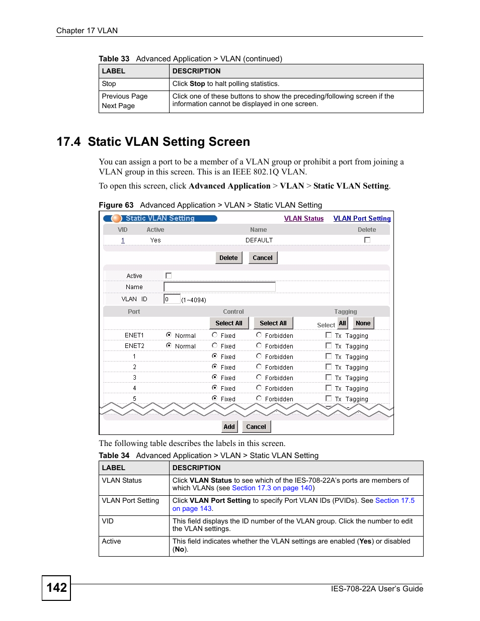 4 static vlan setting screen | ZyXEL Communications IES-708-22A User Manual | Page 142 / 448