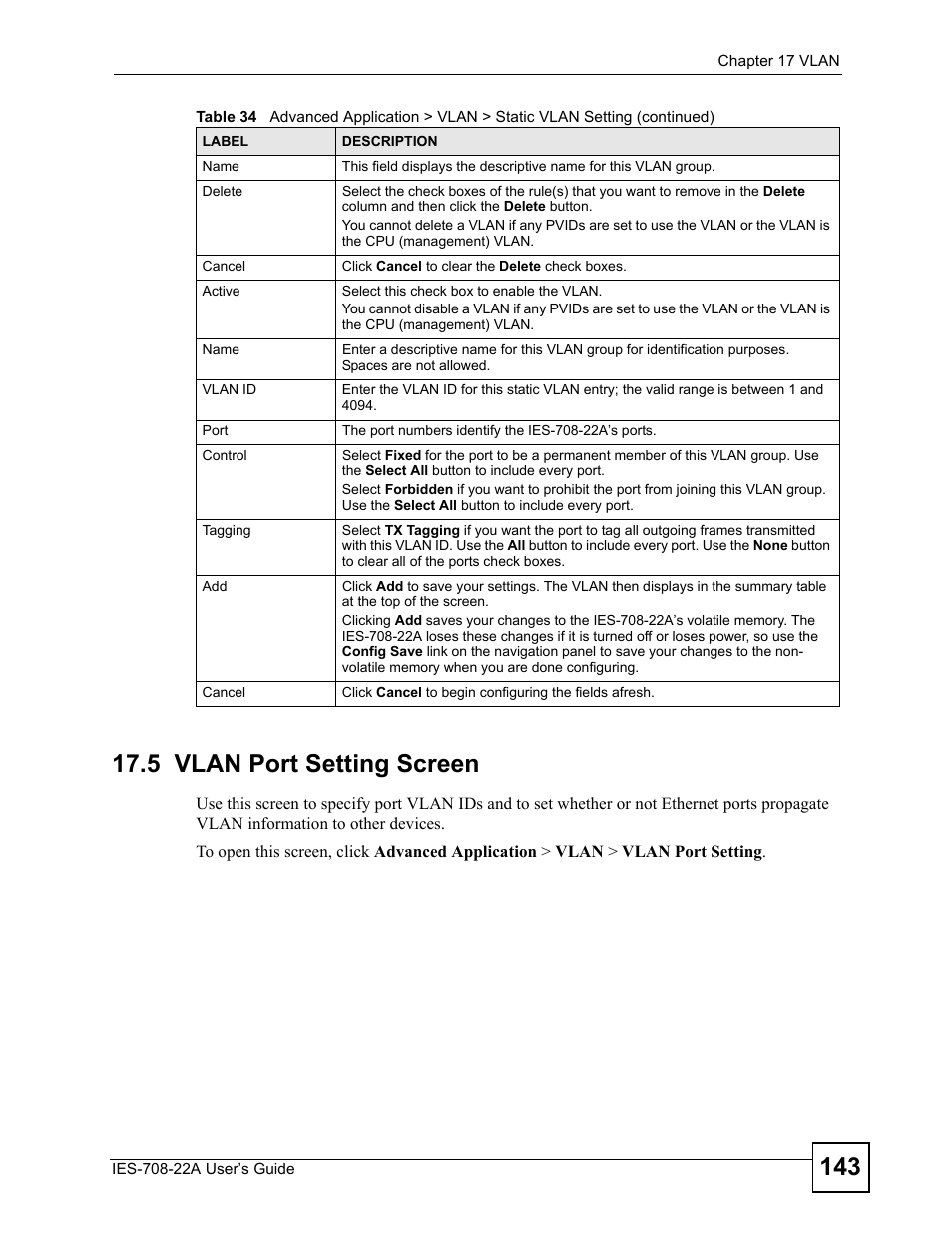 5 vlan port setting screen, Section 17.5 | ZyXEL Communications IES-708-22A User Manual | Page 143 / 448