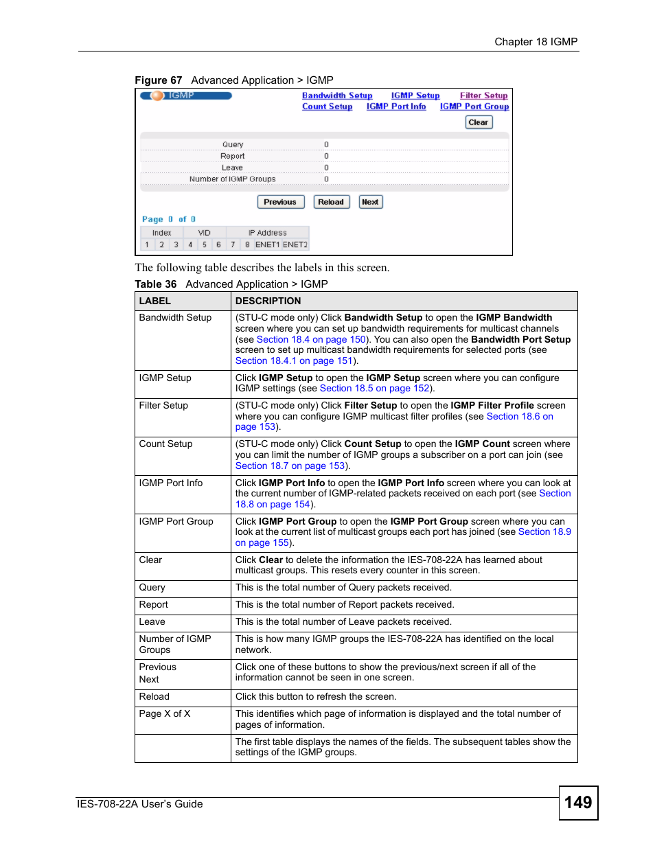 Figure 67 advanced application > igmp, Table 36 advanced application > igmp | ZyXEL Communications IES-708-22A User Manual | Page 149 / 448