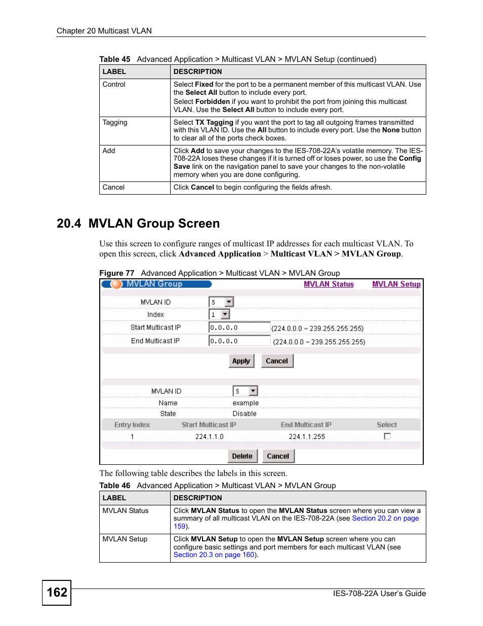 4 mvlan group screen | ZyXEL Communications IES-708-22A User Manual | Page 162 / 448