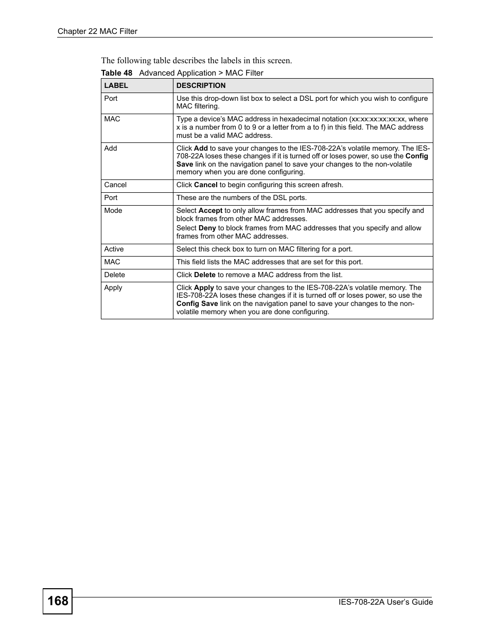 Table 48 advanced application > mac filter | ZyXEL Communications IES-708-22A User Manual | Page 168 / 448