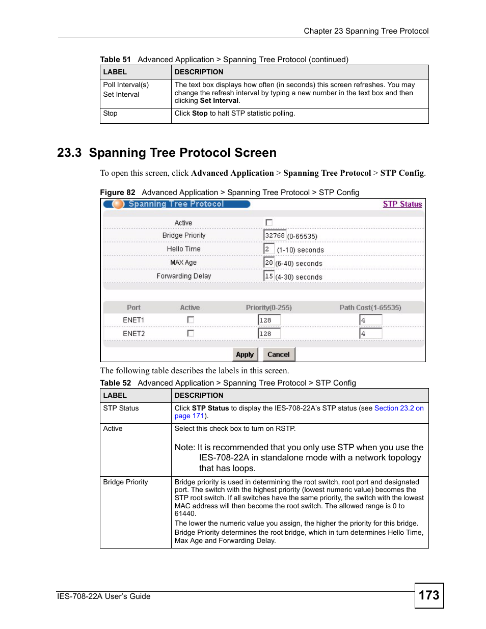 3 spanning tree protocol screen | ZyXEL Communications IES-708-22A User Manual | Page 173 / 448