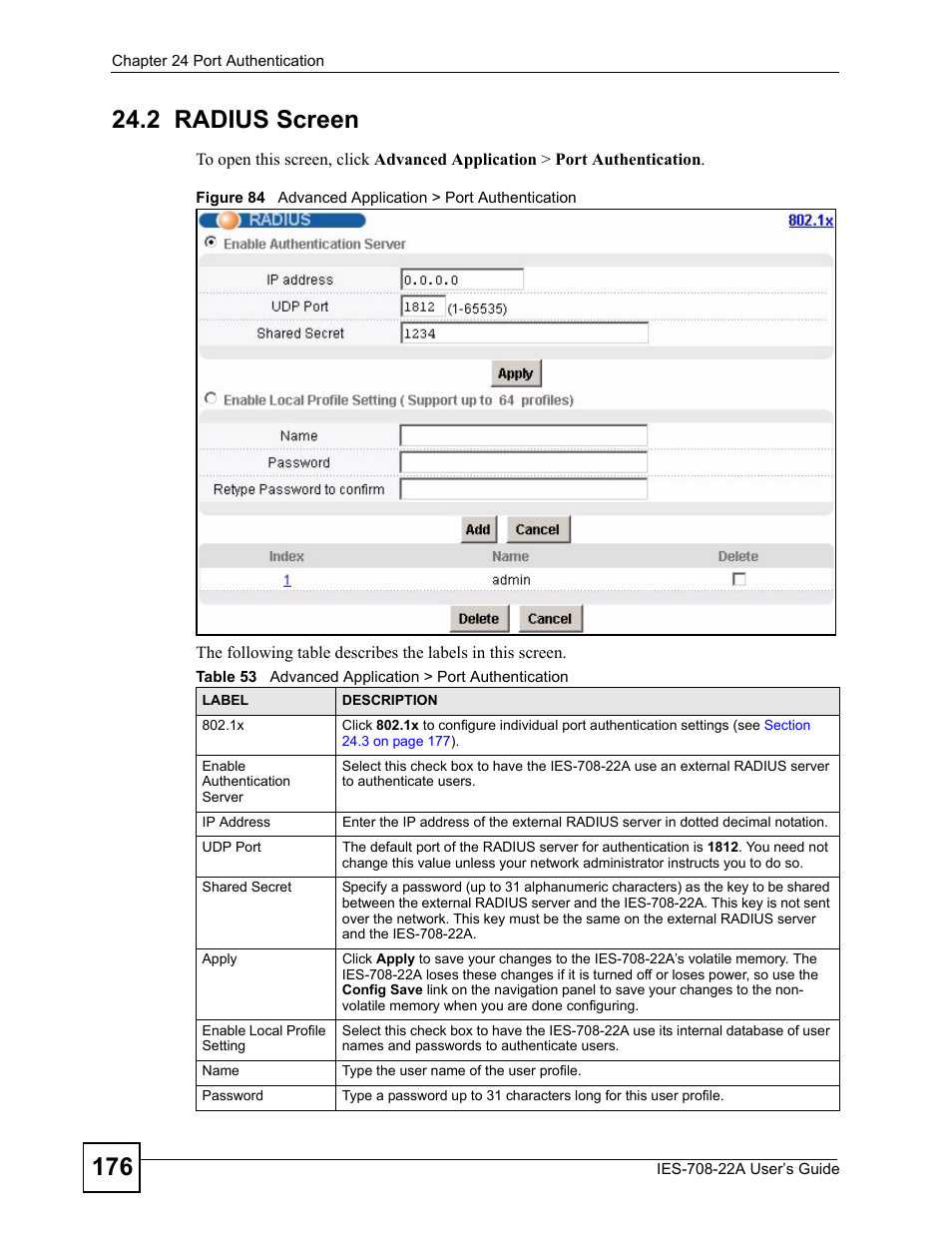 2 radius screen | ZyXEL Communications IES-708-22A User Manual | Page 176 / 448