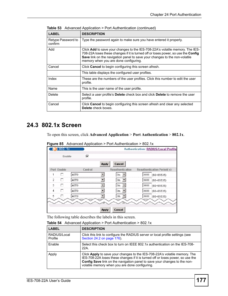 3 802.1x screen, Section | ZyXEL Communications IES-708-22A User Manual | Page 177 / 448