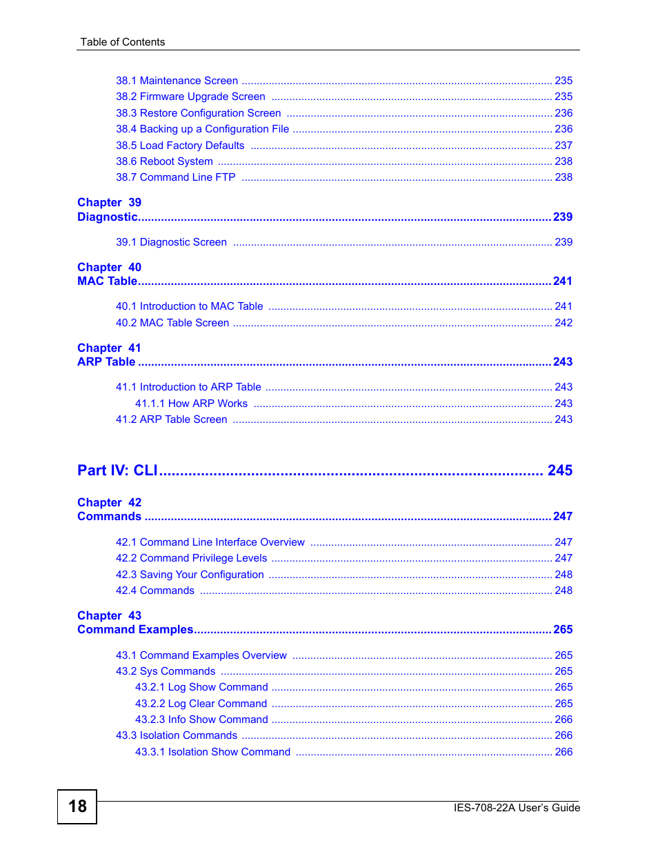 Part iv: cli | ZyXEL Communications IES-708-22A User Manual | Page 18 / 448