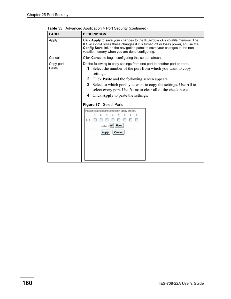 Figure 87 select ports | ZyXEL Communications IES-708-22A User Manual | Page 180 / 448