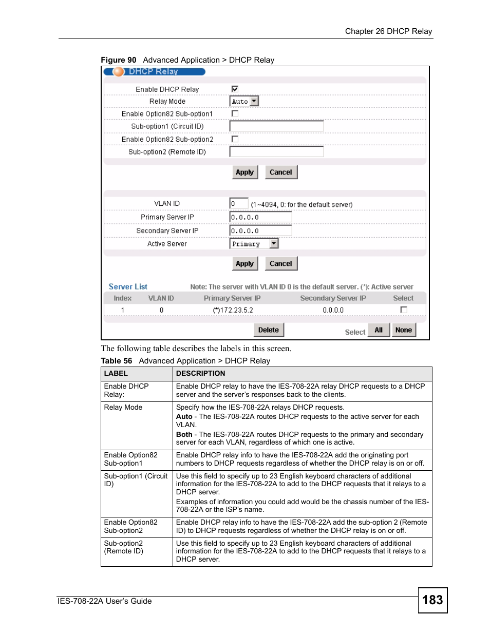 Figure 90 advanced application > dhcp relay, Table 56 advanced application > dhcp relay | ZyXEL Communications IES-708-22A User Manual | Page 183 / 448