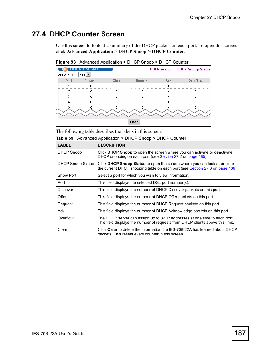 4 dhcp counter screen | ZyXEL Communications IES-708-22A User Manual | Page 187 / 448