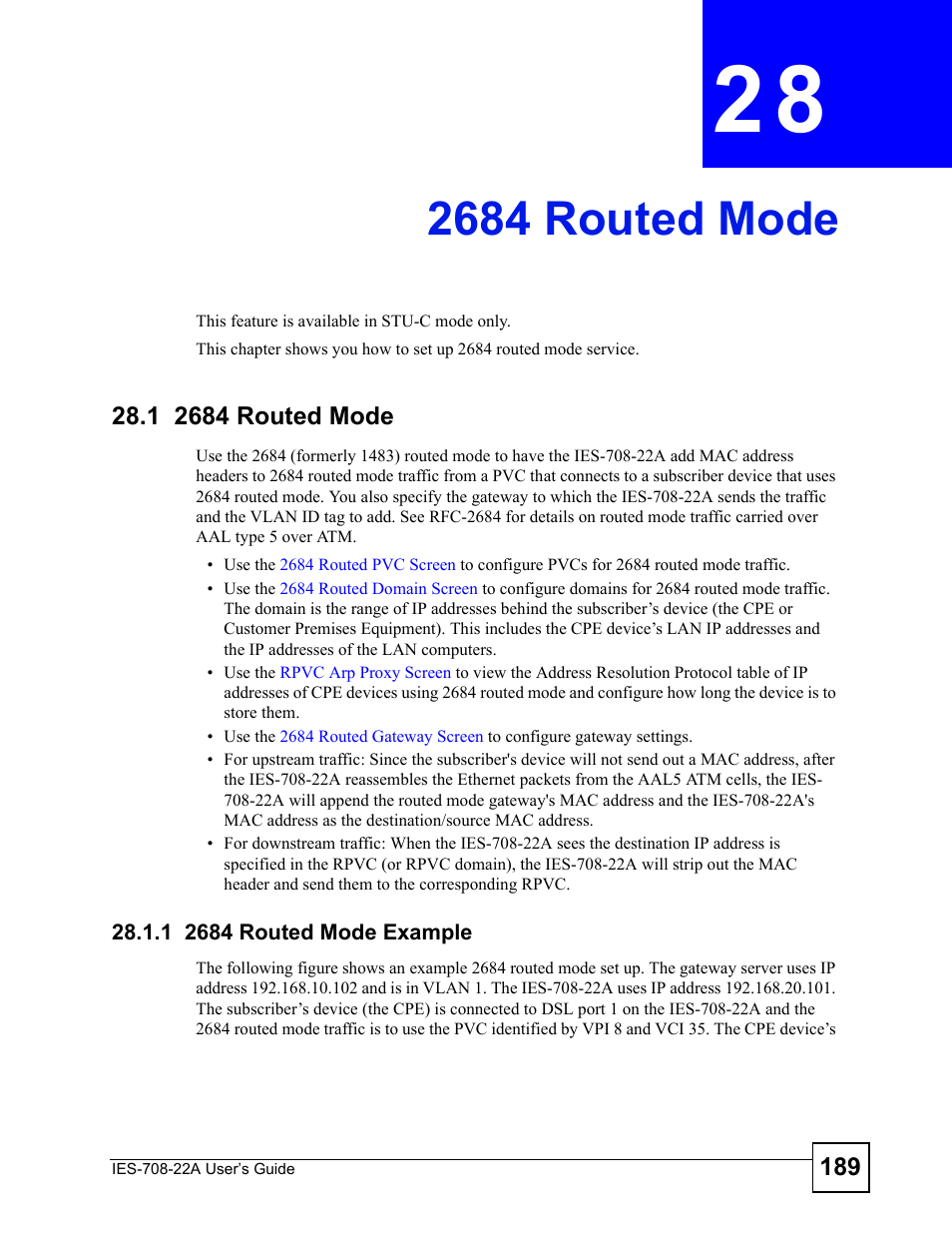 2684 routed mode, 1 2684 routed mode, 1 2684 routed mode example | Chapter 28 2684 routed mode, 2684 routed mode (189) | ZyXEL Communications IES-708-22A User Manual | Page 189 / 448