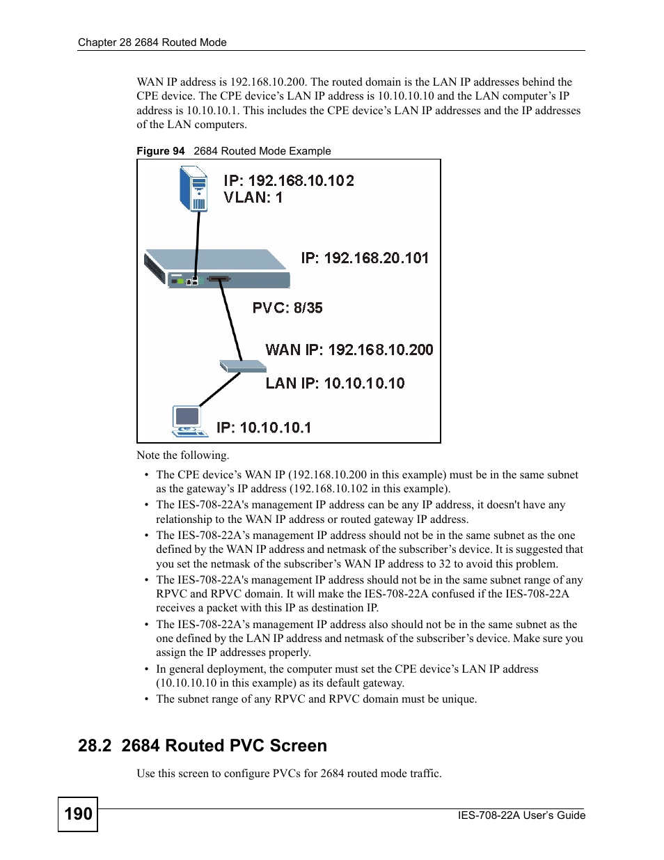 2 2684 routed pvc screen, Figure 94 2684 routed mode example, 2684 routed pvc screen | ZyXEL Communications IES-708-22A User Manual | Page 190 / 448