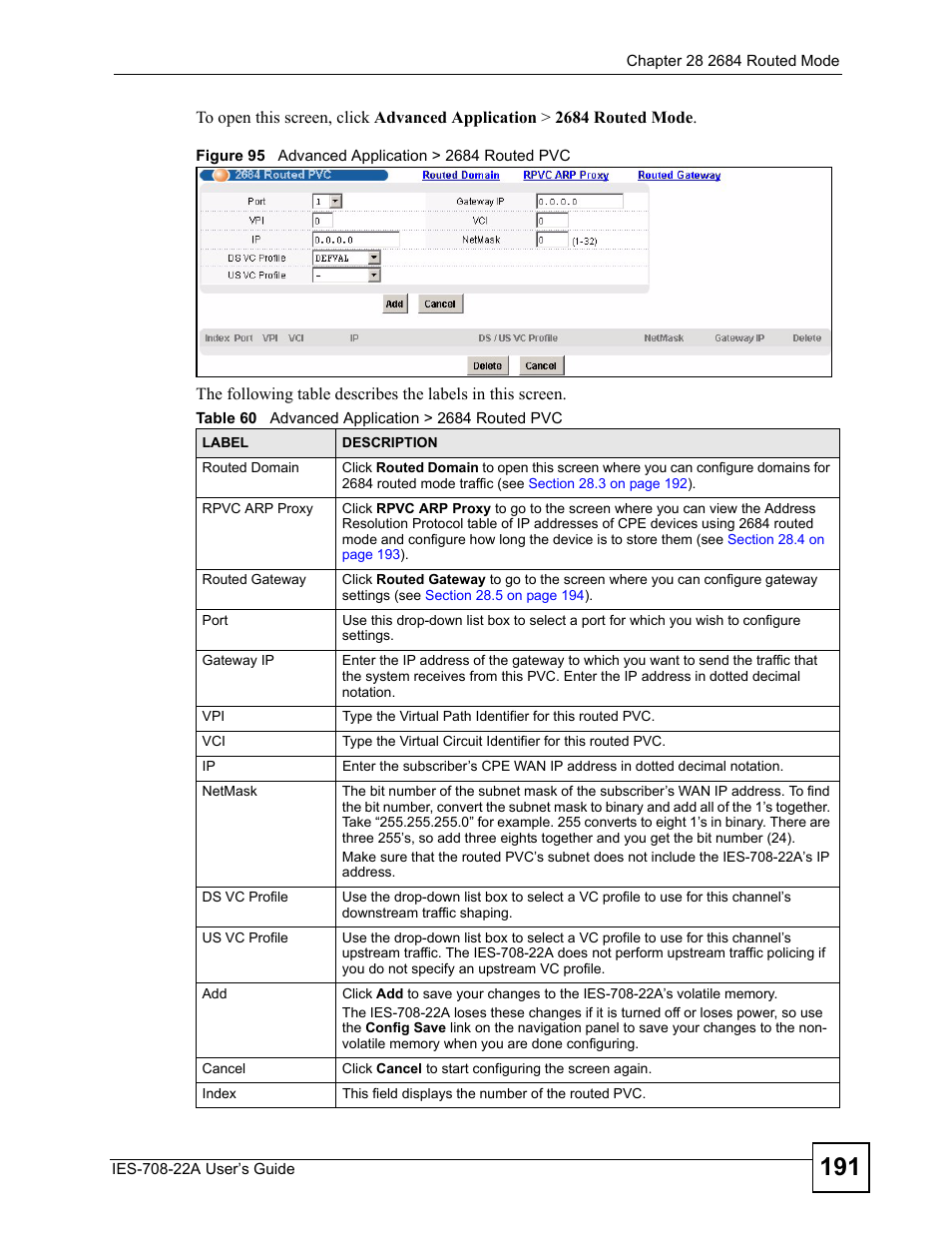 Figure 95 advanced application > 2684 routed pvc, Table 60 advanced application > 2684 routed pvc | ZyXEL Communications IES-708-22A User Manual | Page 191 / 448