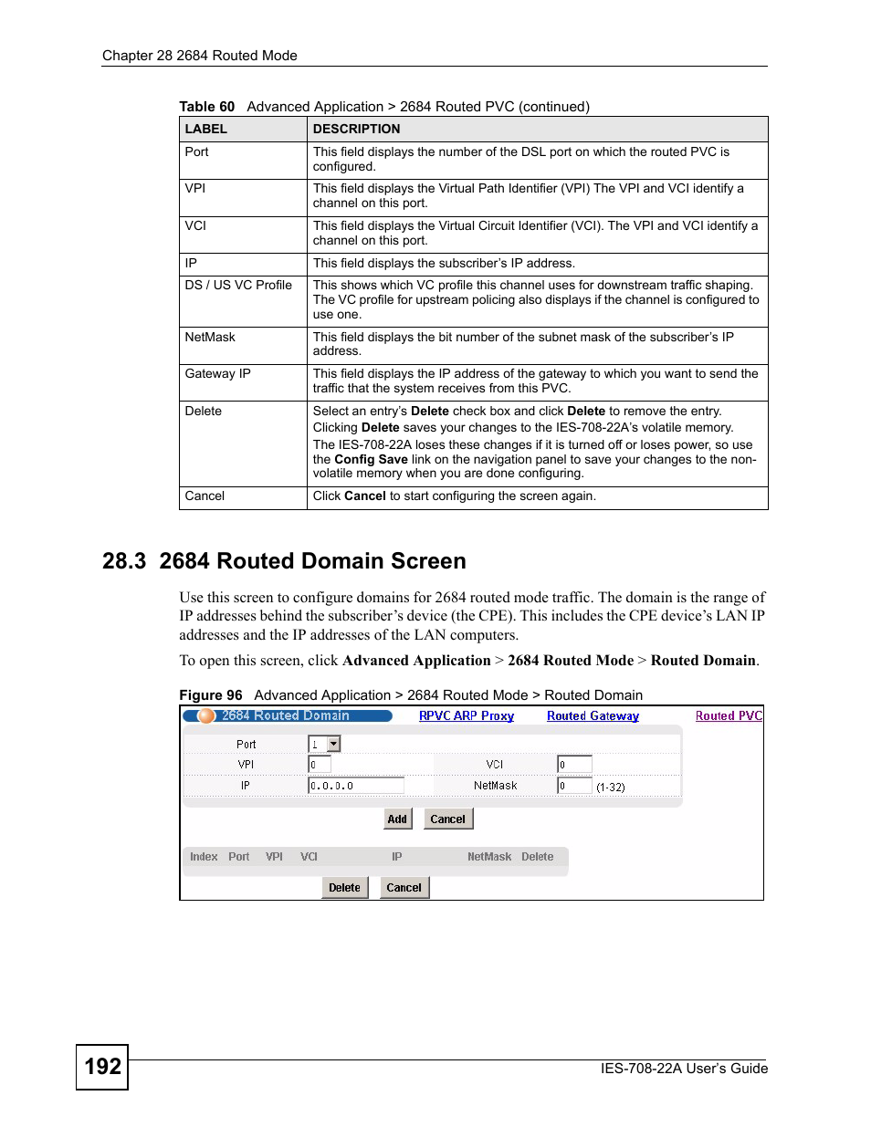 3 2684 routed domain screen, 2684 routed domain screen, To configure domains for 2684 routed | ZyXEL Communications IES-708-22A User Manual | Page 192 / 448