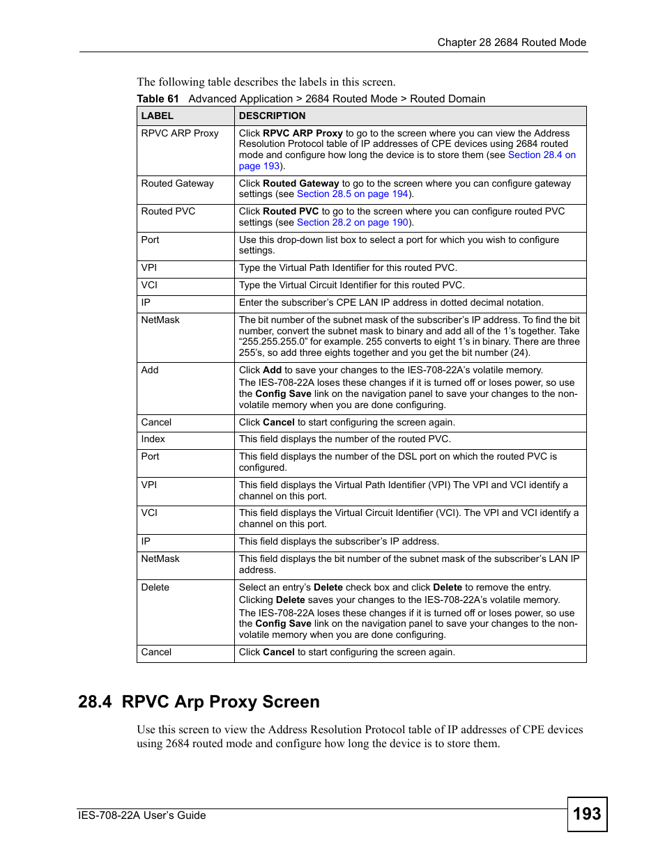4 rpvc arp proxy screen, Rpvc arp proxy screen, Section 28.4 on | ZyXEL Communications IES-708-22A User Manual | Page 193 / 448
