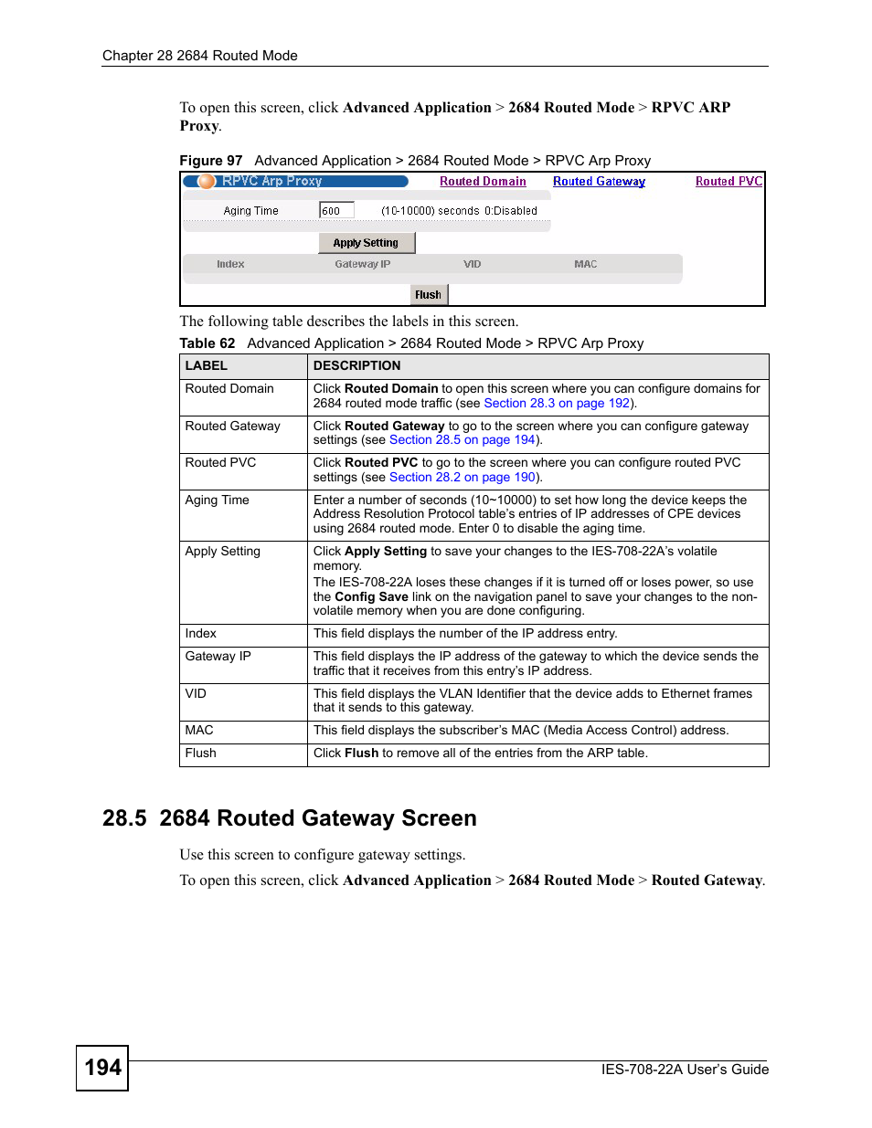 5 2684 routed gateway screen, 2684 routed gateway screen | ZyXEL Communications IES-708-22A User Manual | Page 194 / 448