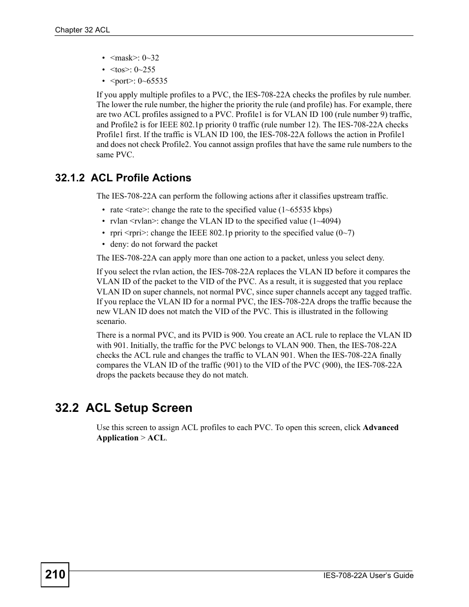 2 acl profile actions, 2 acl setup screen | ZyXEL Communications IES-708-22A User Manual | Page 210 / 448