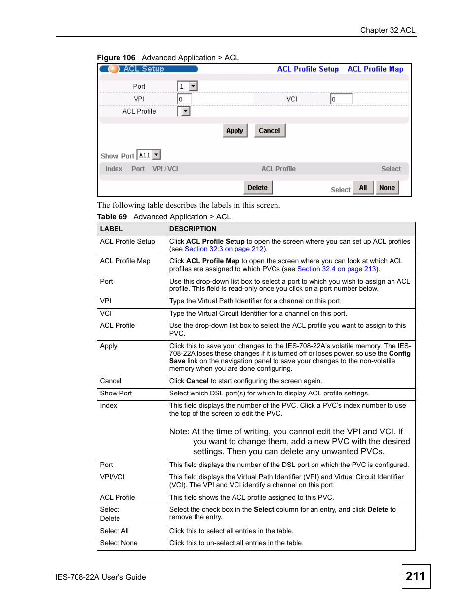 Figure 106 advanced application > acl, Table 69 advanced application > acl | ZyXEL Communications IES-708-22A User Manual | Page 211 / 448