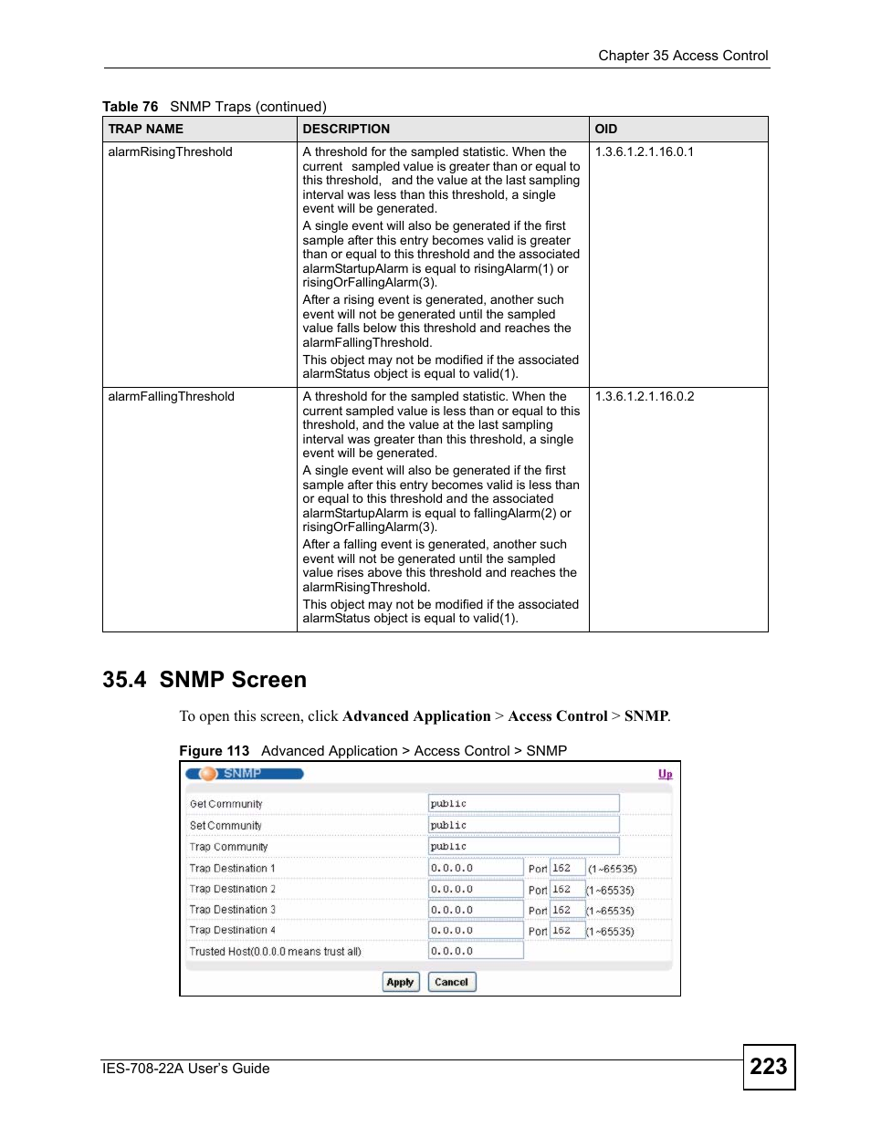 4 snmp screen | ZyXEL Communications IES-708-22A User Manual | Page 223 / 448