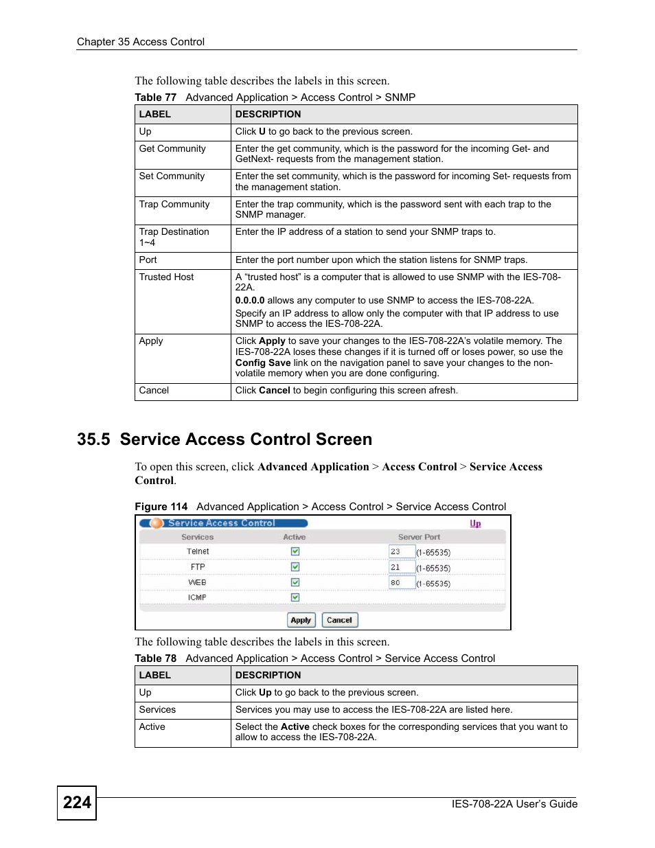 5 service access control screen | ZyXEL Communications IES-708-22A User Manual | Page 224 / 448