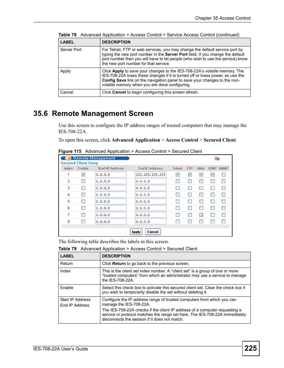 6 remote management screen | ZyXEL Communications IES-708-22A User Manual | Page 225 / 448