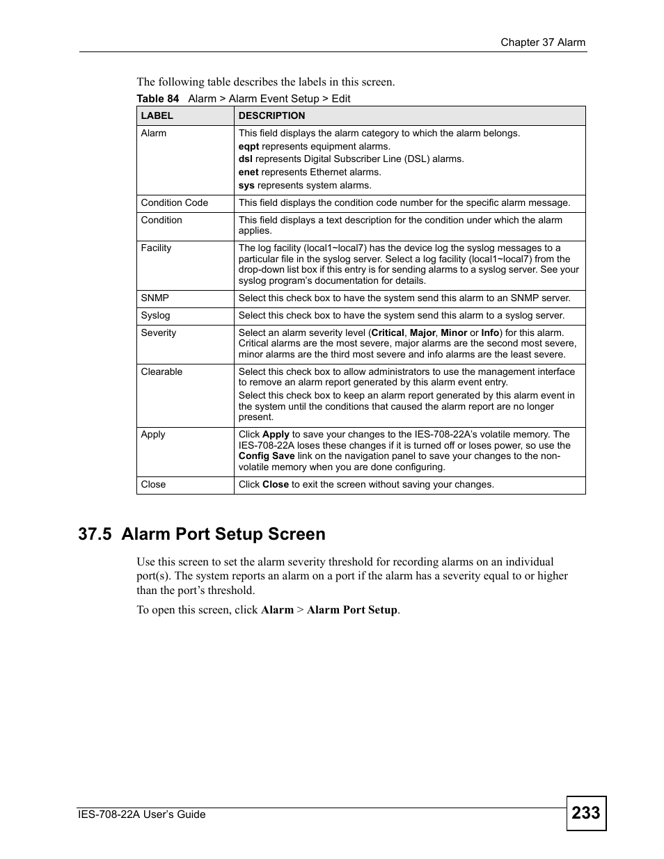 5 alarm port setup screen, Table 84 alarm > alarm event setup > edit, Section | ZyXEL Communications IES-708-22A User Manual | Page 233 / 448