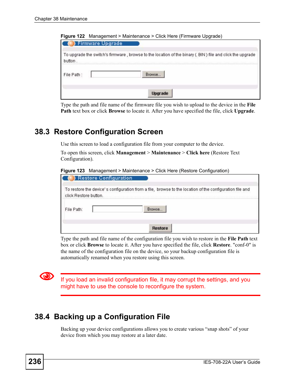 3 restore configuration screen, 4 backing up a configuration file | ZyXEL Communications IES-708-22A User Manual | Page 236 / 448