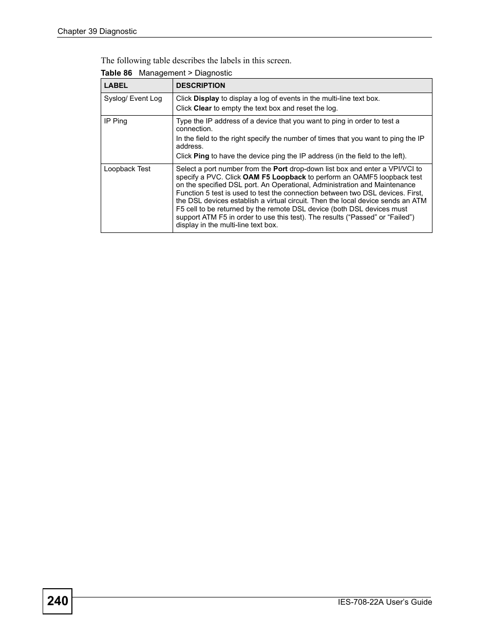 Table 86 management > diagnostic | ZyXEL Communications IES-708-22A User Manual | Page 240 / 448