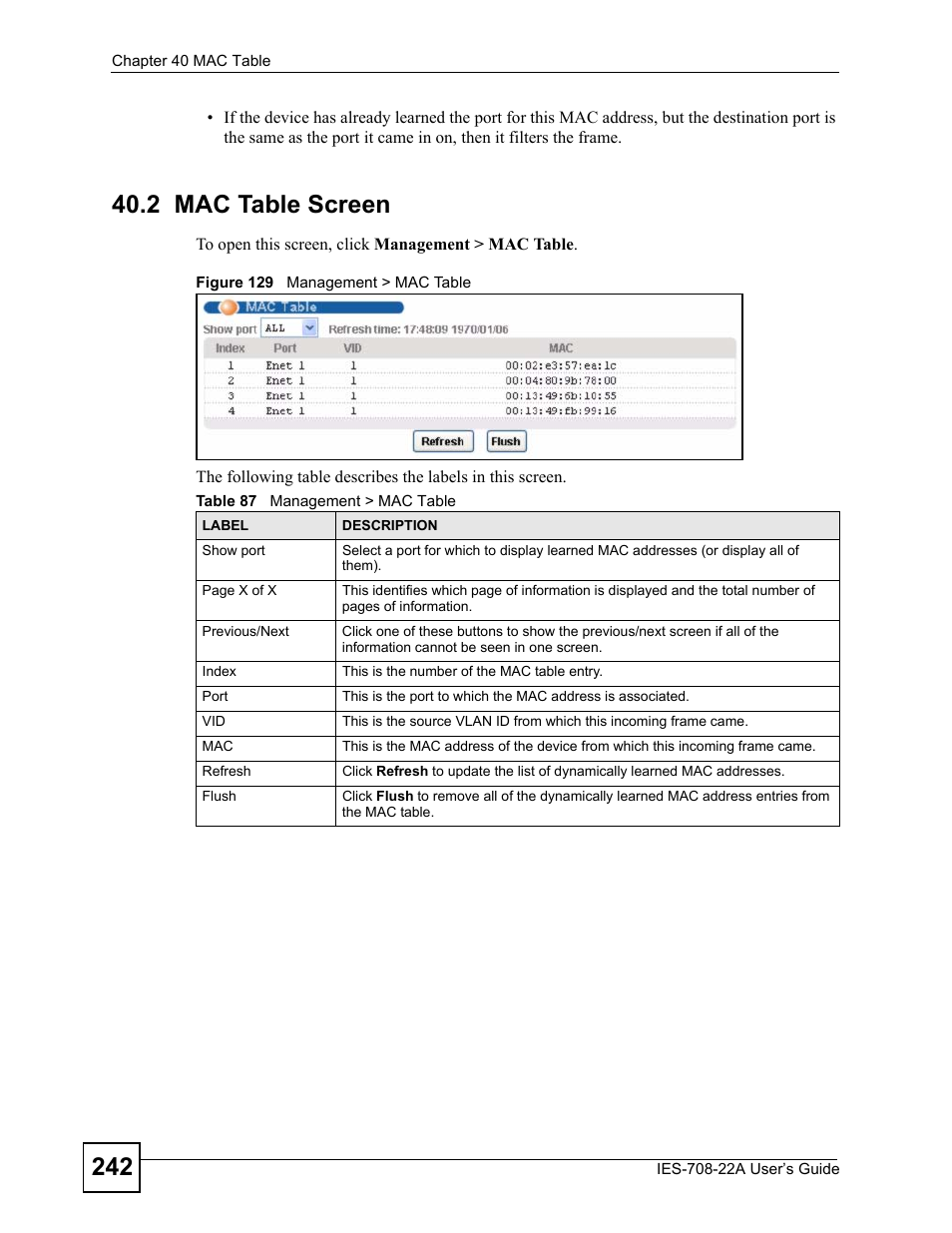2 mac table screen, Figure 129 management > mac table, Table 87 management > mac table | ZyXEL Communications IES-708-22A User Manual | Page 242 / 448