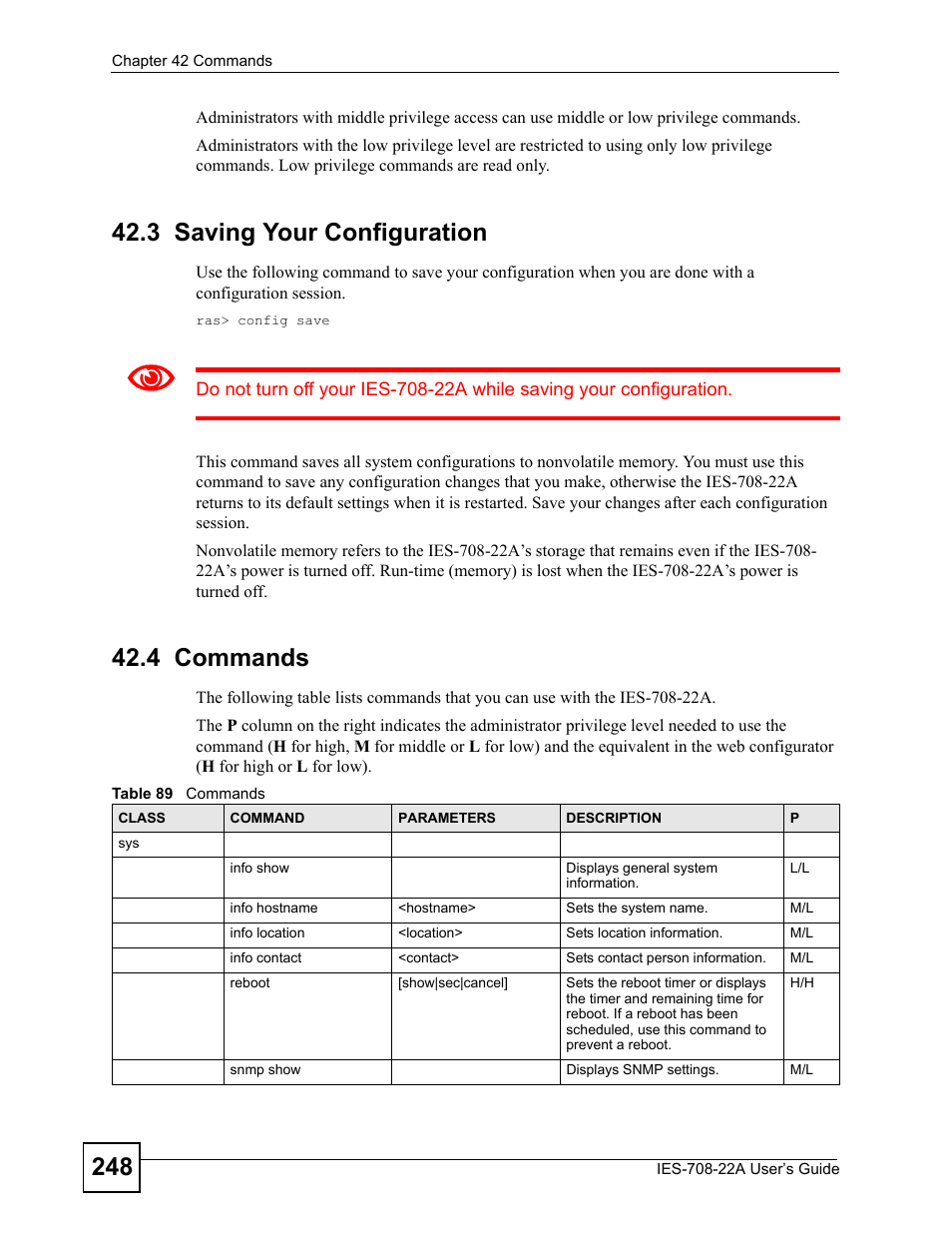 3 saving your configuration, 4 commands, 3 saving your configuration 42.4 commands | Table 89 commands | ZyXEL Communications IES-708-22A User Manual | Page 248 / 448