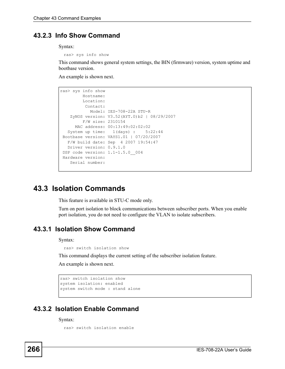 3 info show command, 3 isolation commands, 1 isolation show command | 2 isolation enable command | ZyXEL Communications IES-708-22A User Manual | Page 266 / 448