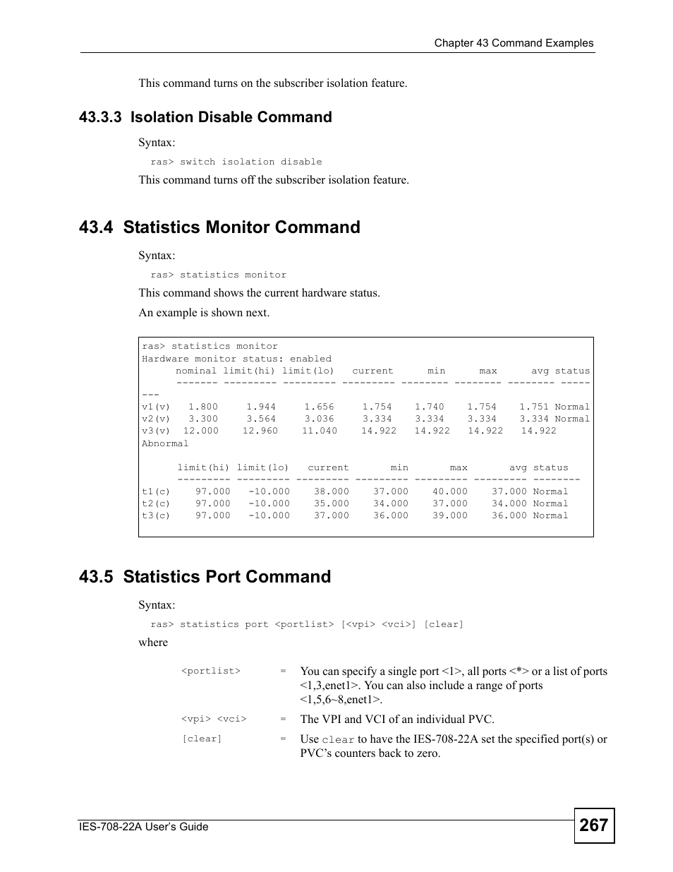 3 isolation disable command, 4 statistics monitor command, 5 statistics port command | ZyXEL Communications IES-708-22A User Manual | Page 267 / 448